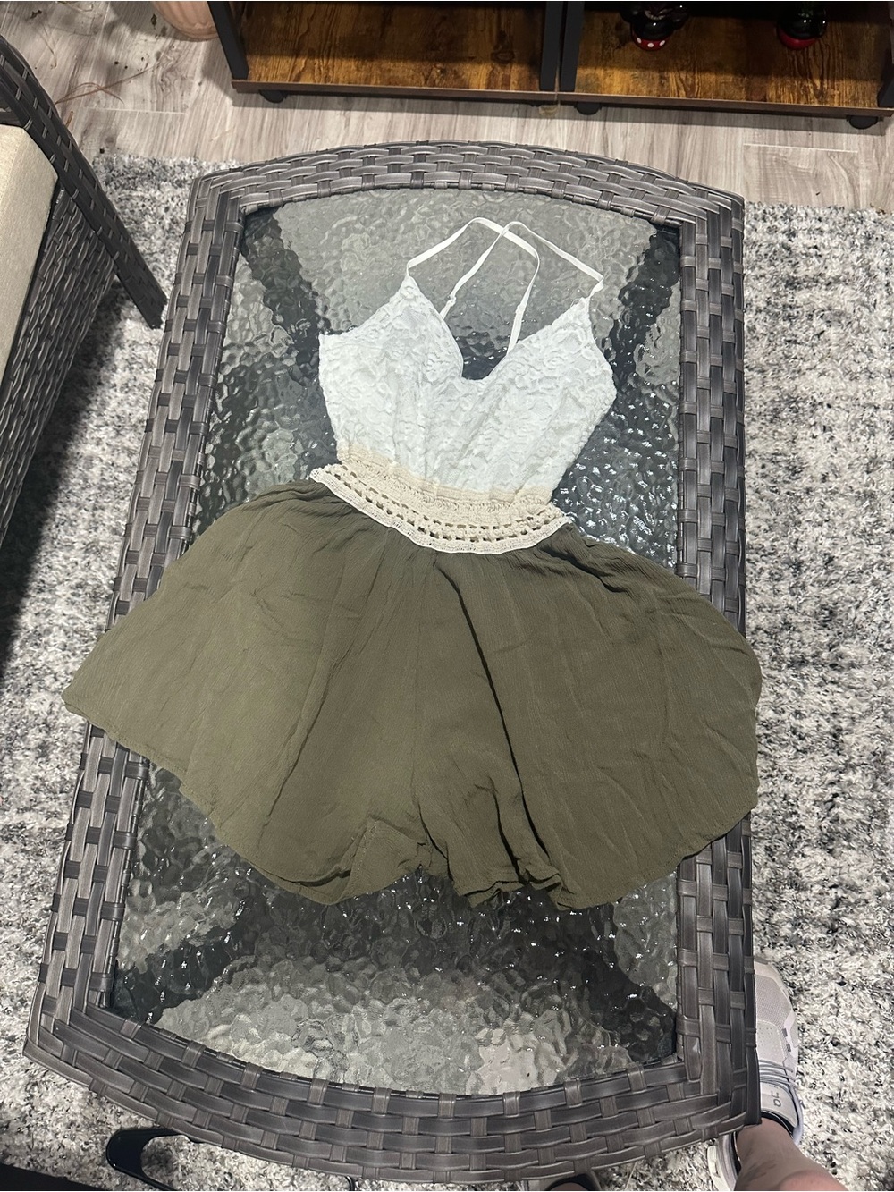 White Crochet Bodice Olive Green Summer Romper - Picture 2 of 4